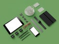 Atributes of web Designer on green background. Top View. flat Lay. 3D rendering. High resolution.