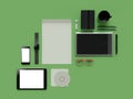 Atributes of web Designer on green background. Top View. flat Lay. 3D rendering. High resolution. Royalty Free Stock Photo