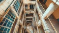 Atrium of densely populated residential building in hong kong city, top view inside