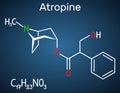 Atropine drug molecule. It is plant alkaloid. Structural chemical formula on the dark blue background