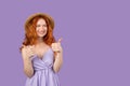 Atrractive caucasian redhead young woman wearing straw hat doing happy thumbs up gesture with hands and smiling posing Royalty Free Stock Photo