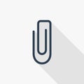 Attach, paper clip thin line flat color icon. Linear vector symbol. Colorful long shadow design.