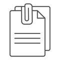 Attached document thin line icon. Papers with clip vector illustration isolated on white. Sheets outline style design