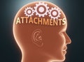 Attachments inside human mind - pictured as word Attachments inside a head with cogwheels to symbolize that Attachments is what