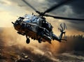 Attack army combat helicopter armed with surface-to-air missiles and a heavy machine gun in motion. Close-up front