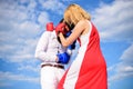 Attack is best defence. Man and woman fight boxing gloves sky background. Women can fight back concept. Defend your