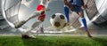 Collage with soccer, football players in motion, action at stadium during football match. Concept of sport, competition Royalty Free Stock Photo