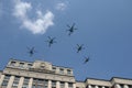 Attack combat helicopters Mi-35M in the skies over Moscow during the dress rehearsal of the parade dedicated to the 75th anniversa