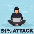 51 attack concept flat criminal illustration of hacker coding bug to hack a blockchain network. Faceless thief or hacker stealing