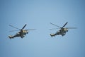 Attack helicopters `Mi-35M` during a rehearsal of the parade dedicated to the 72 anniversary of the Victory in the great Patriotic