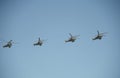 Attack helicopters `Mi-35M` during a rehearsal of the parade dedicated to the 72 anniversary of the Victory in the great Patriotic Royalty Free Stock Photo