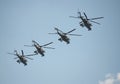 Attack helicopters `Mi-35M` during a rehearsal of the parade dedicated to the 72 anniversary of the Victory in the great Patriotic Royalty Free Stock Photo