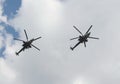 Attack helicopters Mi-28N Night Hunter at the rehearsal of the Victory Parade. Royalty Free Stock Photo