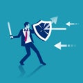 Attack protection. Businessman holds a shield defending from attacks. Royalty Free Stock Photo