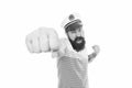 Attack. Punch in face. Sailor spirit. Bearded sailor isolated on white. Navy and marine. Sea adventures concept. Sailor