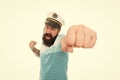 Attack. Punch in face. Sailor spirit. Bearded sailor isolated on white. Navy and marine. Sea adventures concept. Sailor