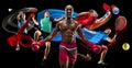 Attack. Sport collage about badminton, tennis, boxing and handball players Royalty Free Stock Photo