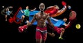 Attack. Sport collage about badminton, tennis, boxing and handball players Royalty Free Stock Photo