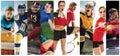 Sport collage about soccer, american football, badminton, tennis, boxing, ice and field hockey, table tennis