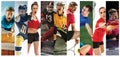 Sport collage about soccer, american football, badminton, tennis, boxing, ice and field hockey, table tennis Royalty Free Stock Photo