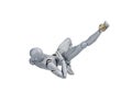 Attacker figurine performs dynamic sunback spike in sepak takraw, showcasing agility and balance. figure is mid air, emphasizing Royalty Free Stock Photo