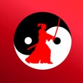 The attacking samurai with a sword against the background of a symbol yin yan.