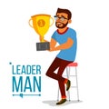 Attainment Concept Vector. Businessman Leader Holding Winner Golden Cup. Objective Attainment, Achievement. Best Worker