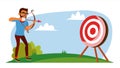 Attainment Concept Vector. Businessman Shooting From A Bow In A Target. Objective Attainment, Achievement. Flat Cartoon Royalty Free Stock Photo