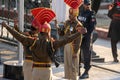 Indian Border Security Force members face off against Pakistan Rangers at the Wagah Border