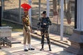 Indian Border Security Force members talk before the Wagah Border Closing ceremony with Pakistan