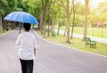 Attempt elderly asian woman holding umbrella walking to do workout while raining at public park