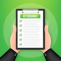 Attendance clipboard with checklist. Businessman holding document. Questionnaire, survey. Vector stock illustration.