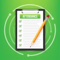 Attendance clipboard with checklist. Businessman holding document. Questionnaire, survey. Vector stock illustration.