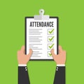 Attendance concept. Businessman holding checklist. Vector flat design