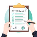 Attendance concept. Businessman holding document. Vector flat design. Man hold document clipboard with checklist. Royalty Free Stock Photo