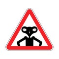 Attention Alien. Caution ufo. Red triangle road sign. No Extraterrestrial civilization