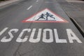 Attention children crossing for school sign drawn on the street Royalty Free Stock Photo