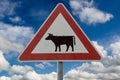 Attention cow crossing road sign, traffic sign in rural part of Germany