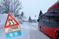 Attention danger of slipping in winter on snow-covered roads