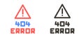 Attention danger thin line vector illustration icon with triangle and exclamation mark with 404 page not found error message