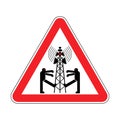 Attention 5G tower chipping population. Warning red road sign. Caution Zombies walk around cell tower. Conspiracy theory. TV and Royalty Free Stock Photo