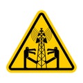 Attention 5G tower chipping population. Warning yellow road sign. Caution Zombies walk around cell tower. Conspiracy theory. TV