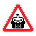 Attention gamer. Red road sign danger. Caution guy plays video g