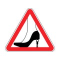 Attention Henpecked man. Warning red road sign. Caution guy Holding woman shoe