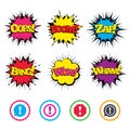 Attention icons. Exclamation speech bubble. Royalty Free Stock Photo