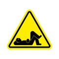 Attention Man rest. Yellow road triangular Caution Guy lies relax sign Royalty Free Stock Photo