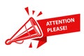 Attention please, banner with old tin megaphone or loudspeaker, notice or announcement icon