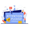 Attention please concept with tiny character. People holding and speaking through megaphone flat vector illustration. Exclamation Royalty Free Stock Photo