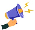 Attention please. Hand hold megaphone. Speaker, loudspeaker. Advertising and promotion symbol. Bullhorn cartoon. Social media Royalty Free Stock Photo