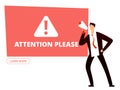 Attention please vector banner template with businessman with megaphone